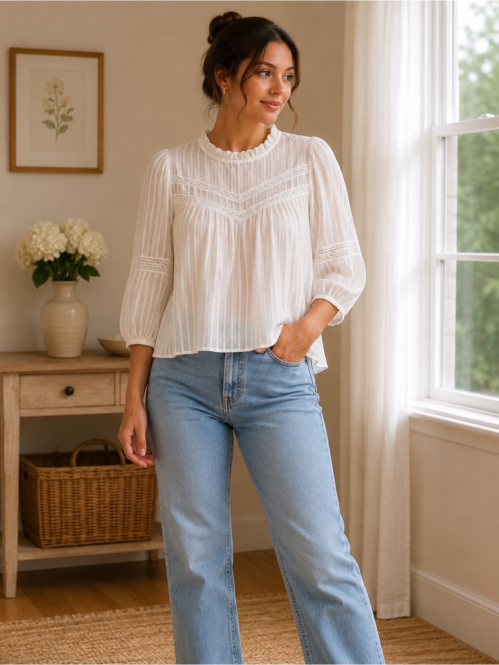 Universal Thread White Lace Stripe Boho Blouse Size L/XL